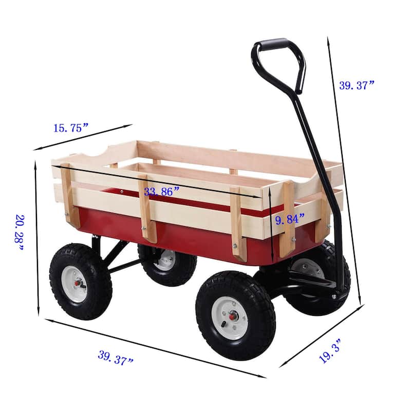 Outdoor Wagon, Wood Railing Garden Cart with 10" Pneumatic Tires