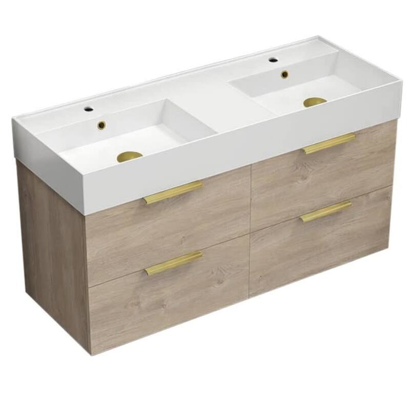 Nameeks Derin-4818-W-2 Derin 48" Wall Mounted Double Basin Vanity Set - Brown Oak / Matte Gold