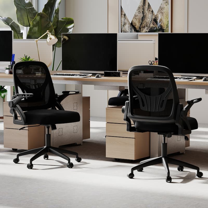 Breathable Mesh Adjustable Desk Chair with Lumbar Support and Sponge Cushion Flip-up Armrests - 25" x 25" x 36"-39"