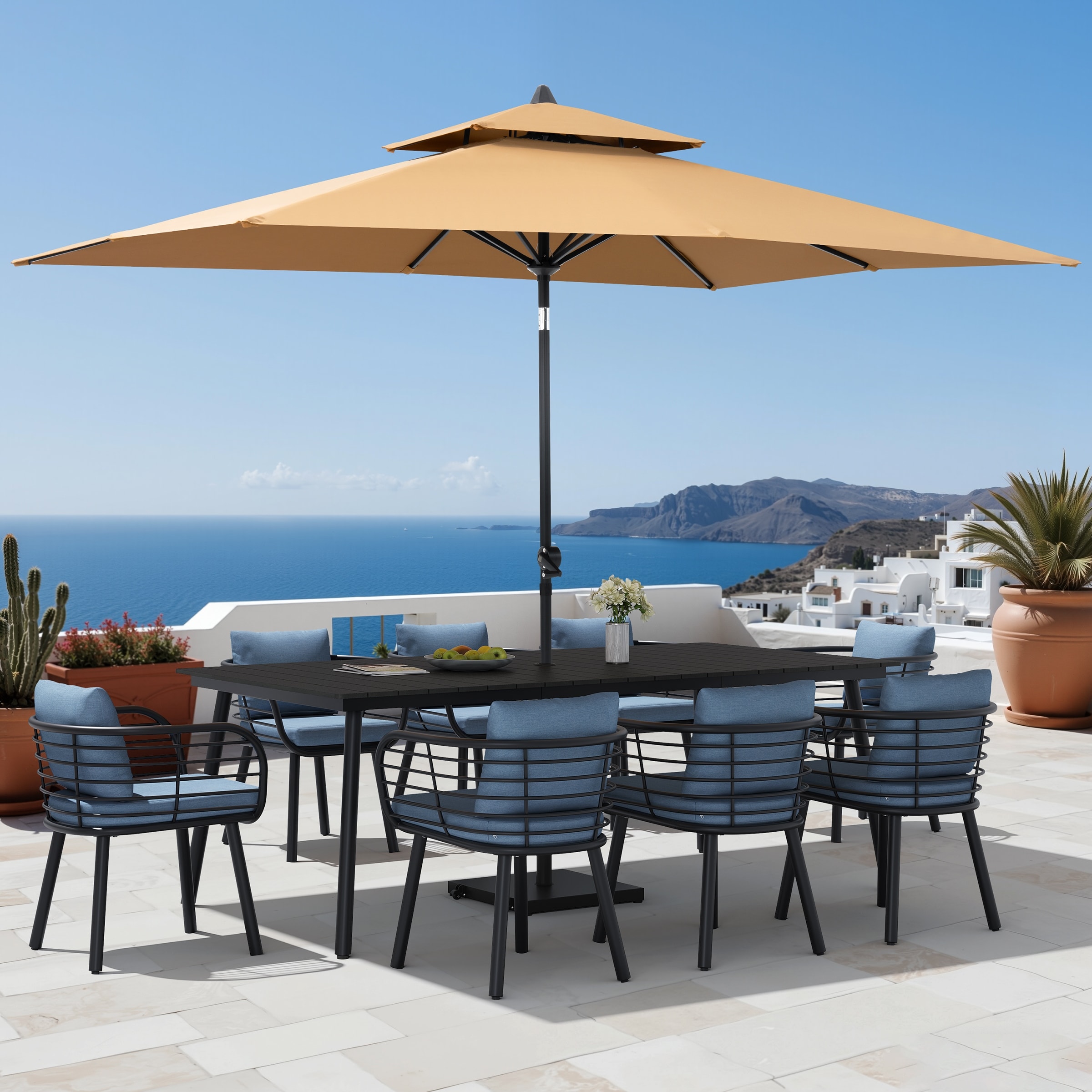 11PC Outdoor Patio Dining Set Aluminum Table with Sunbrella Cushion Chairs w/ Premium Market Umbrella Sets