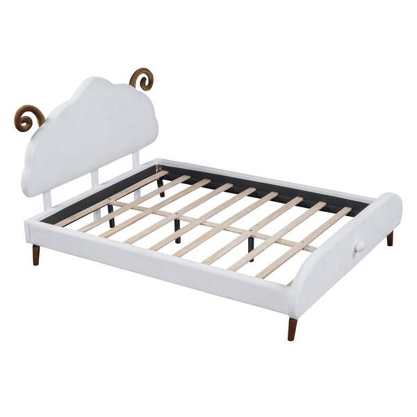 slide 2 of 13, Full Size Upholstered Bed White Frame Platform Bed with Sheep-shaped Headboard for Toddler Kids Children Bed, Wood Slat Support White Sheep - Full