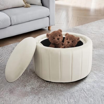 30" W Round Velvet Upholstered Storage Ottoman with Flip Top Tray