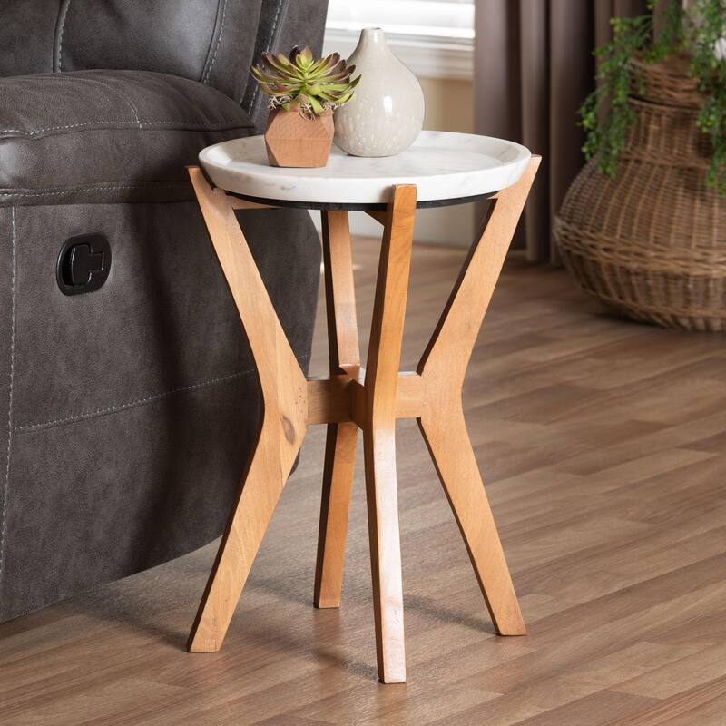 Phaedra Round Marble End Table - Modern Accent Table with Mango Wood Frame and Tray Tabletop for Living Room or Seating Area