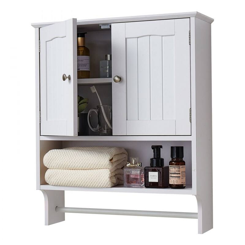 White Wall-Mounted Bathroom Cabinet with Adjustable Shelves and Multi-Layer Storage Towel Bar - 23” x 8” x 27”