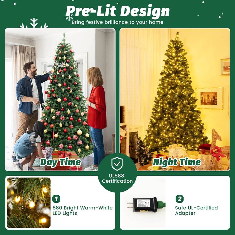 Gymax 6/7/8 FT Pre-Lit Artificial Christmas Tree Hinged Xmas Tree w/