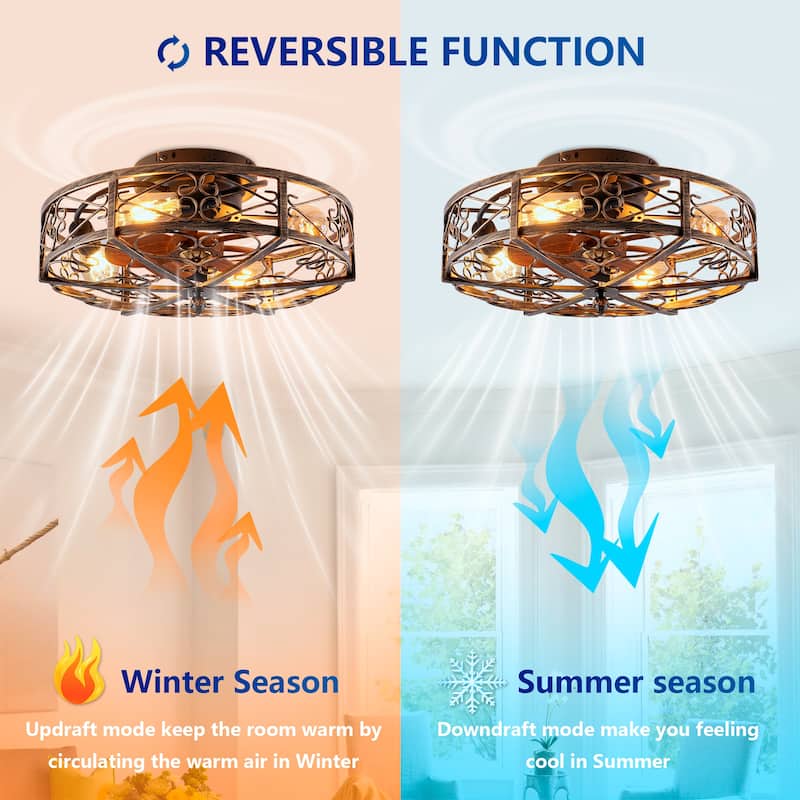 Cusp Barn 20'' Industrial Flush Mount Ceiling Fan with Lights and Remote, Rustic Reversible DC Motor 6 Speeds Caged Ceiling Fan
