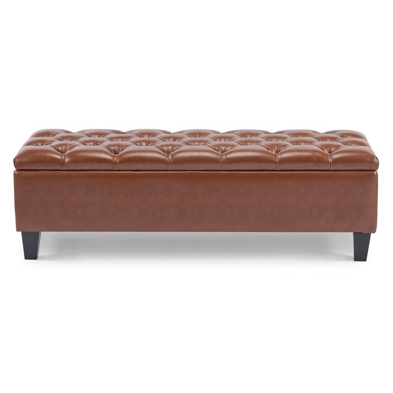 Roomfitters Tufted Storage Ottoman Bench, Faux Leather Upholstered Seat with Wood Legs, Entryway or Bedroom Use