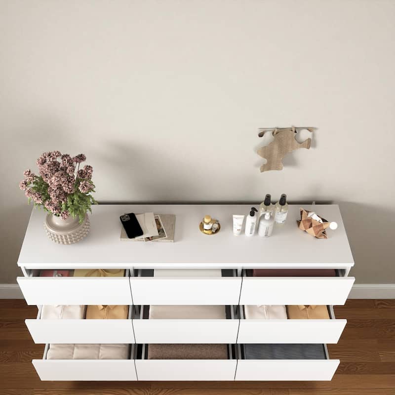 Modern 9-Drawer Dresser Wide Bedroom Cabinet Handleless Chest Wood Storage Organizer for Living Room Hallway Entryway