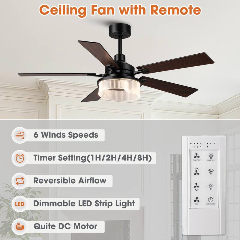 52" Modern Black Reversible 5 Blades Dimmable LED Ceiling Fan with Light and Remote