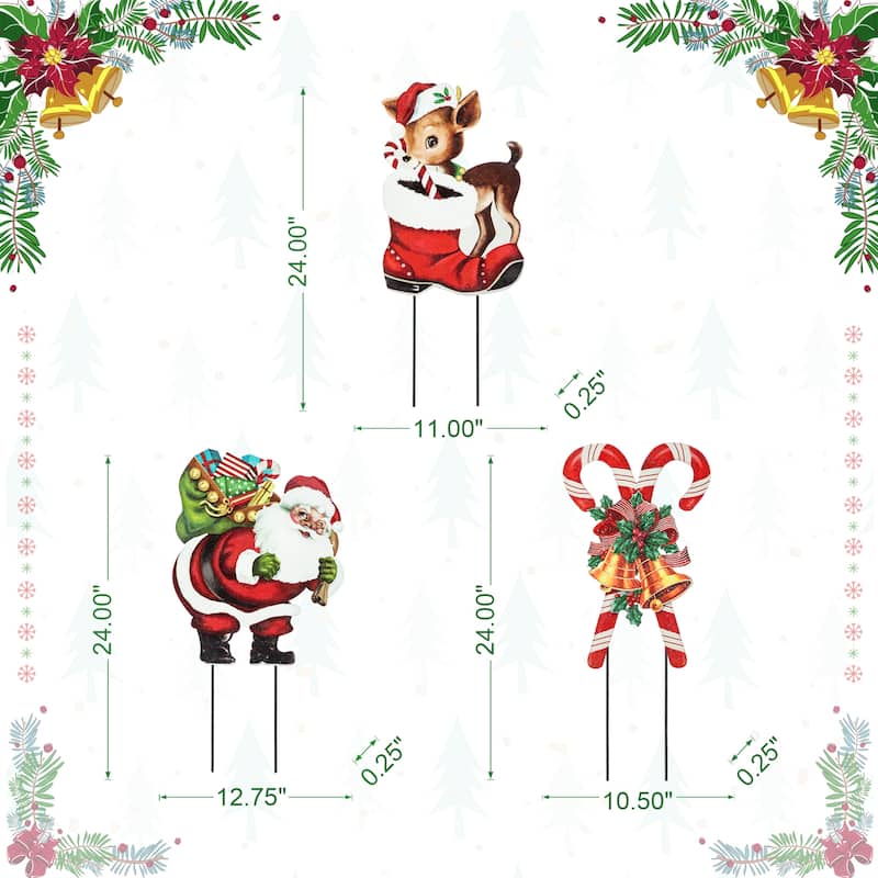 Glitzhome Set of 3 Christmas Metal Santa Snowman Tree Reindeer Candy Cane Yard Stakes Wall Decor