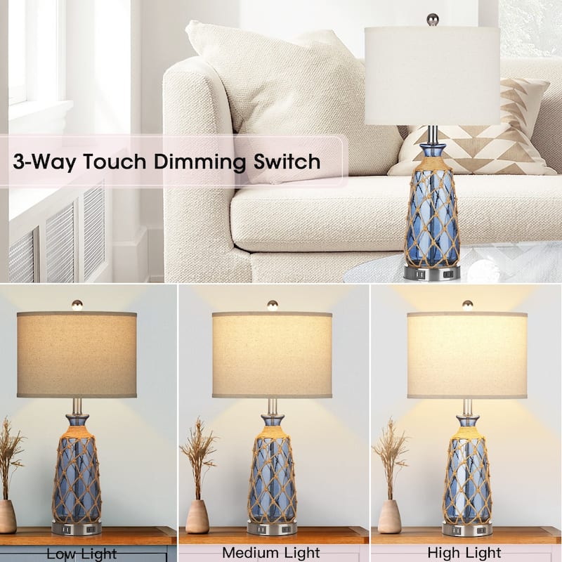 Table Lamp Deep Blue Bubble Glass Dual USB Charging Ports AC Outlet Touch 3-Way Dimming Switch No Strobe (Set of 2)