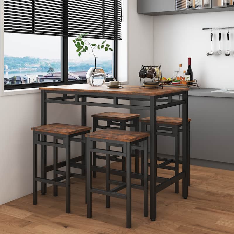 Bar table set 5PC Dinging table set with high stools, structural strengthening, industrial style