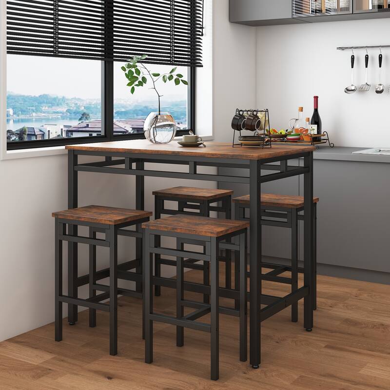 Rustic Style 5-Piece Dining Set with Rectangular Table and 4 High Stools Dining Chairs