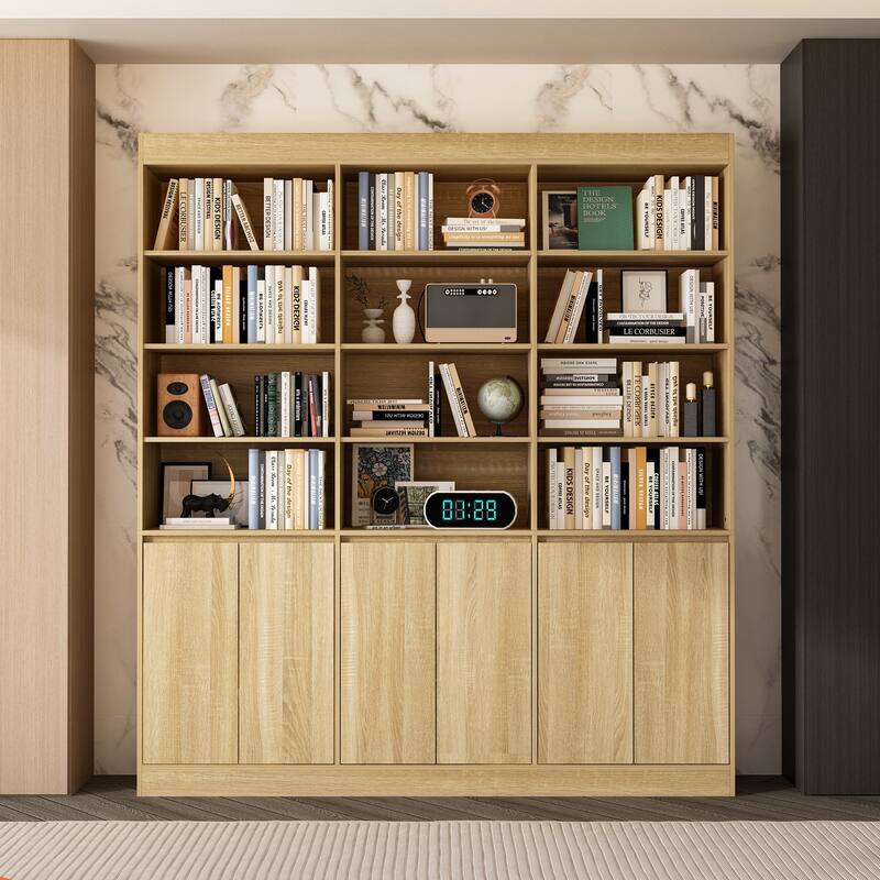 Pantry Large White Storage Cabinet 5-Door Bottom Cabinets & Open Display Shelving for Kitchen or Living Room - Oak