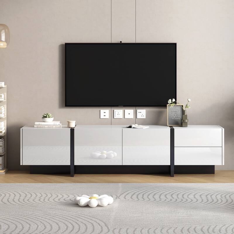 Modern TV Console for TVs Up to 80'', Contemporary Rectangle Design with 3 Cabinets & 2 Drawers, High Gloss Surface