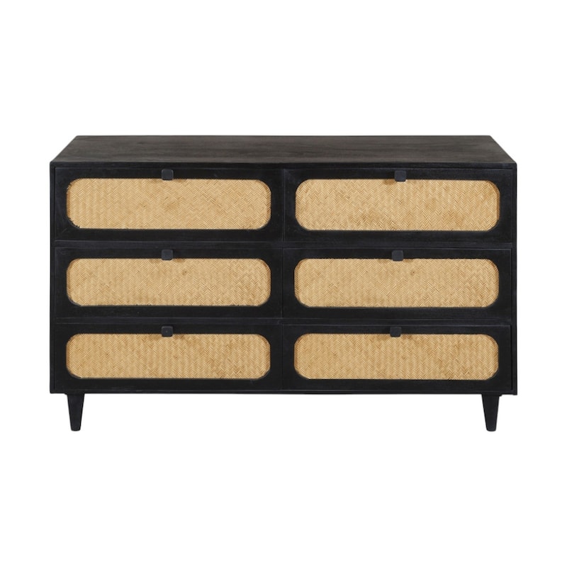 HomeRoots 56" Black And Natural Solid Wood And Rattan Six Drawer Double Dresser