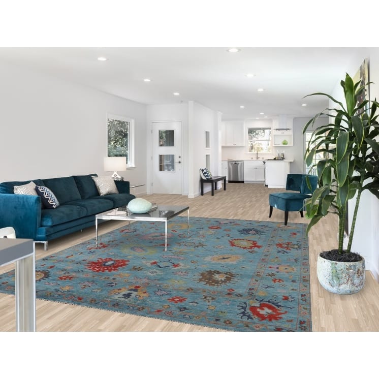 All-Over Blue Oushak Area Rug Handmade Wool Carpet - 7'7" x 10'5"