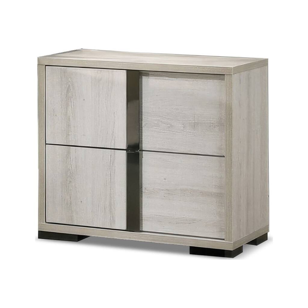 Hyao Nightstand, 26 Inch, 2 Drawers, Chrome Handles, White Wash Veneer