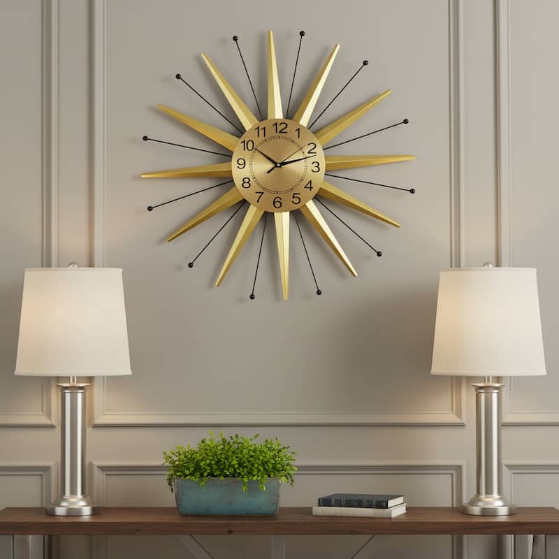 HomeRoots 28" Gold And Black Metal Silent Analog Starburst Wall Clock - 28.00 in. x 28.00 in. x 2.00 in. - 28.00 in. x 28.00 in.  x 2.00 in.
