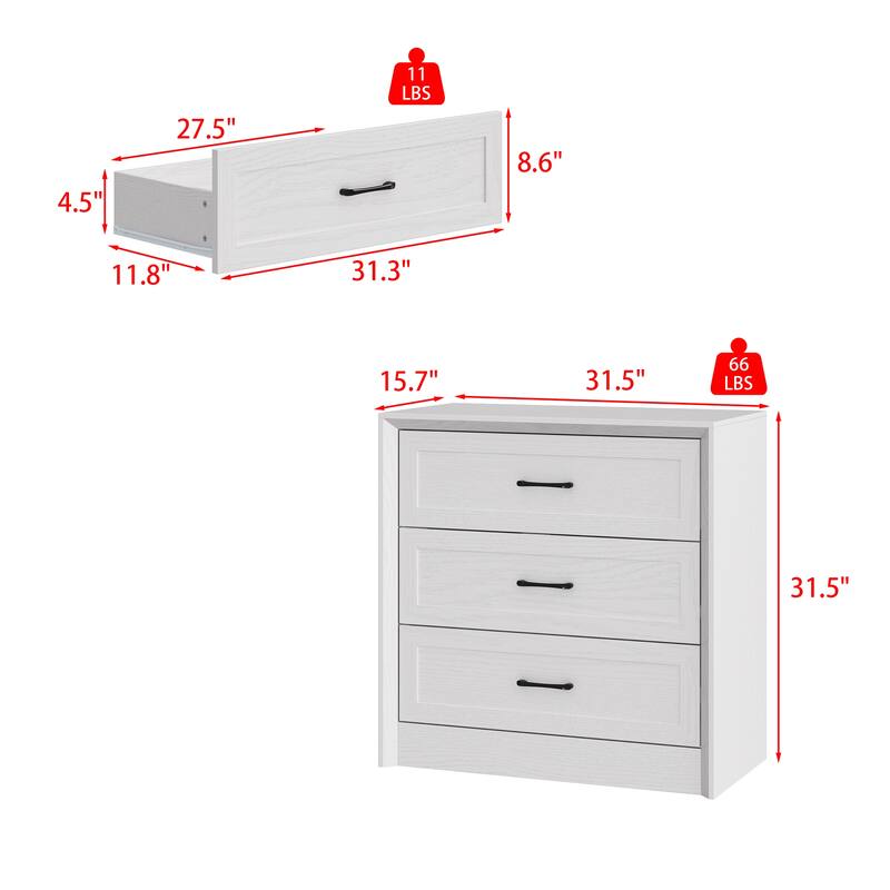 Modern 3-Drawer Wood Dresser for Bedroom, Wide Storage Chest with Metal Handles, Nightstand Cabinet