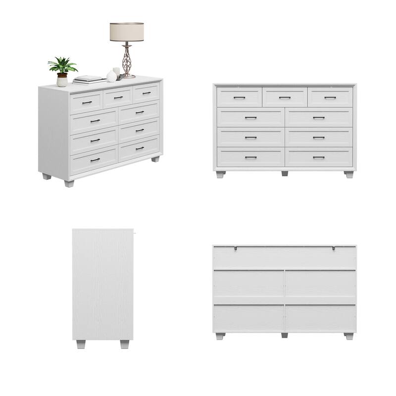 Modern 9-Drawer Dresser with Solid Wood Legs, Vintage Brown and White Wood Grain Options, Bedroom Storage Chest