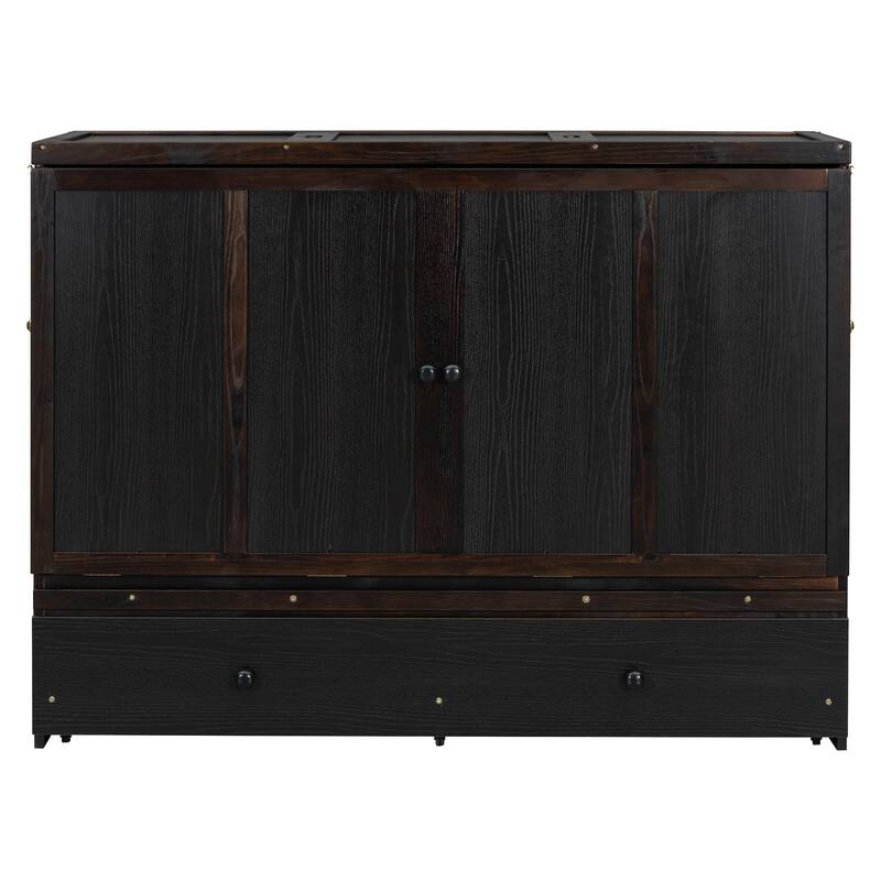 Queen Size Murphy Bed with USB Port and Large Drawer, Space-Saving Design, No Box Spring Needed, Espresso Finish