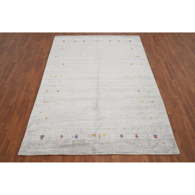 Hand Knotted Oriental Viscose Silk Carpet Tribal Animal Pictorial Greys & Charcoal Gabbeh Area Rug - 8' 8'' X 6' 2''