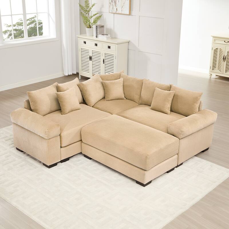 GDFStudio - Corduroy 3-Seater 79.1" Cloud Modular Sectional Couch with Ottoman - Camel