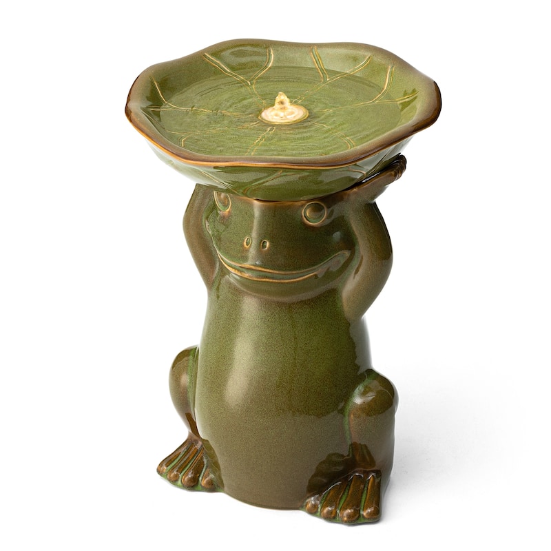 Glitzhome 21"H LED Frog & Lotus Birdbath Ceramic Outdoor Floor Water Fountain