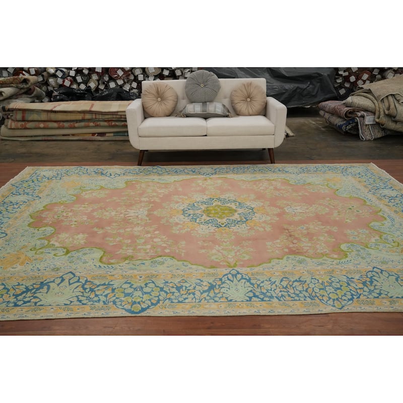Hand Knotted Oriental 100% Wool Carpet Traditional Floral Pink Kerman Area Rug - 12' 0'' X 8' 1''