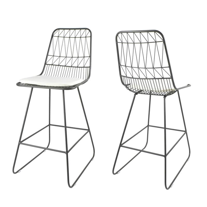 Roomfitters Modern Metal Wire Bar Stools with Cushions, Set of 2 Geometric Sled Base Counter Height Chairs, Grey+Ivory