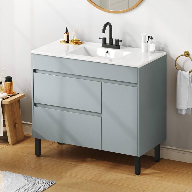 Moasis 36 Inch Freestanding Bathroom Vanity with Ceramic Sink 1 Cabinet and 2 Drawers