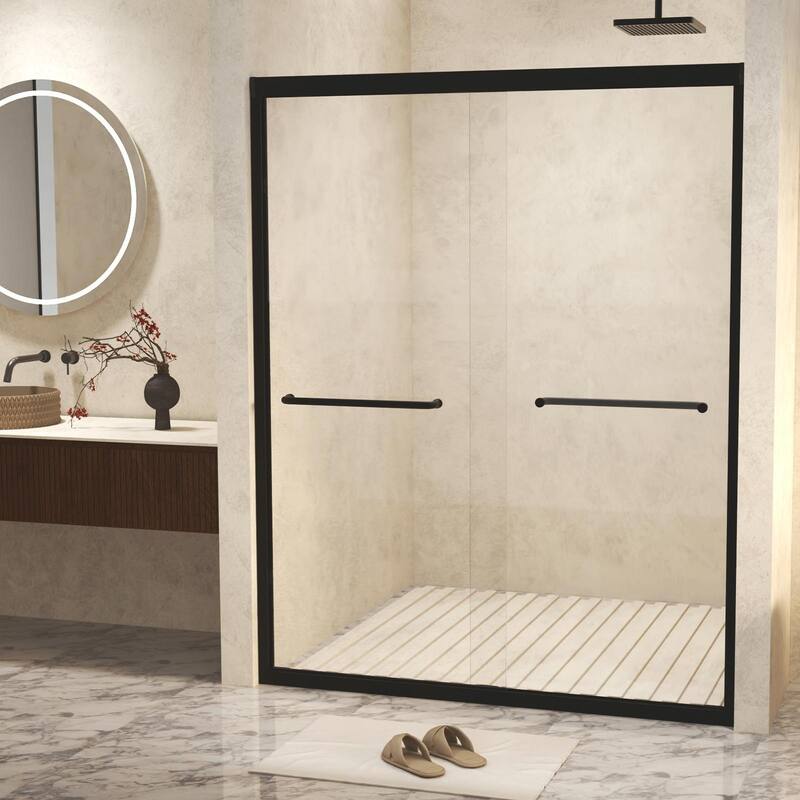 Aluminum Frame Double Sliding Shower Door, 1/4" Tempered Glass with Explosion-Proof Film & Stainless Steel Handle