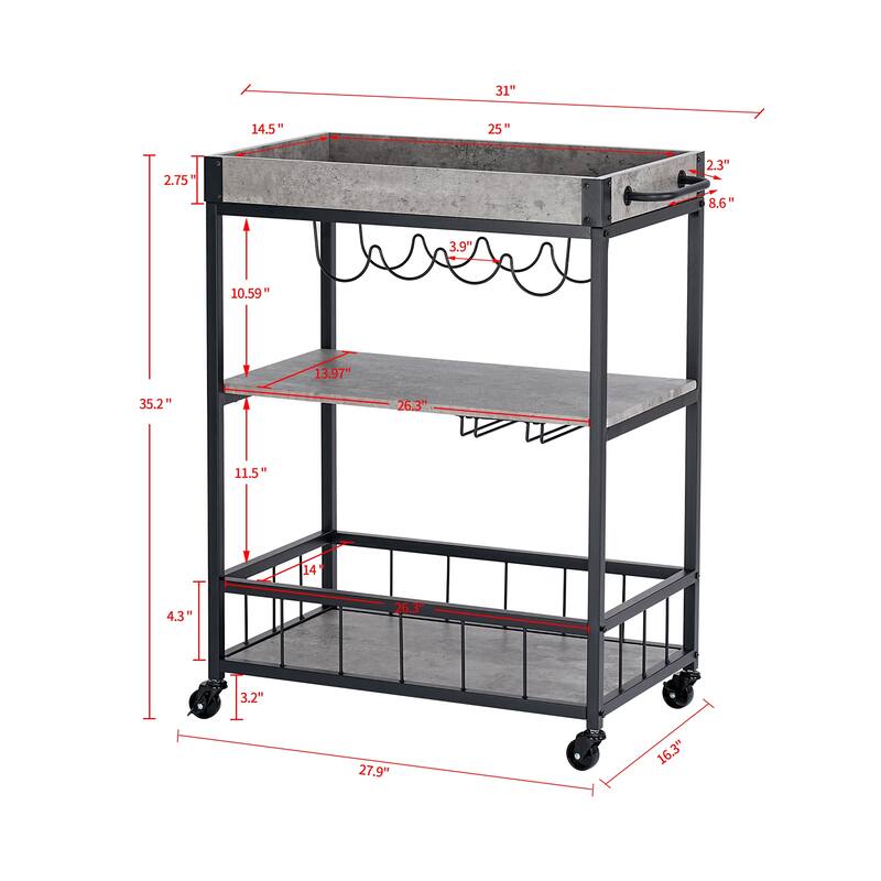 3-Tier Industrial Kitchen Serving Trolley - Wood and Metal Bar Cart with Wine Rack