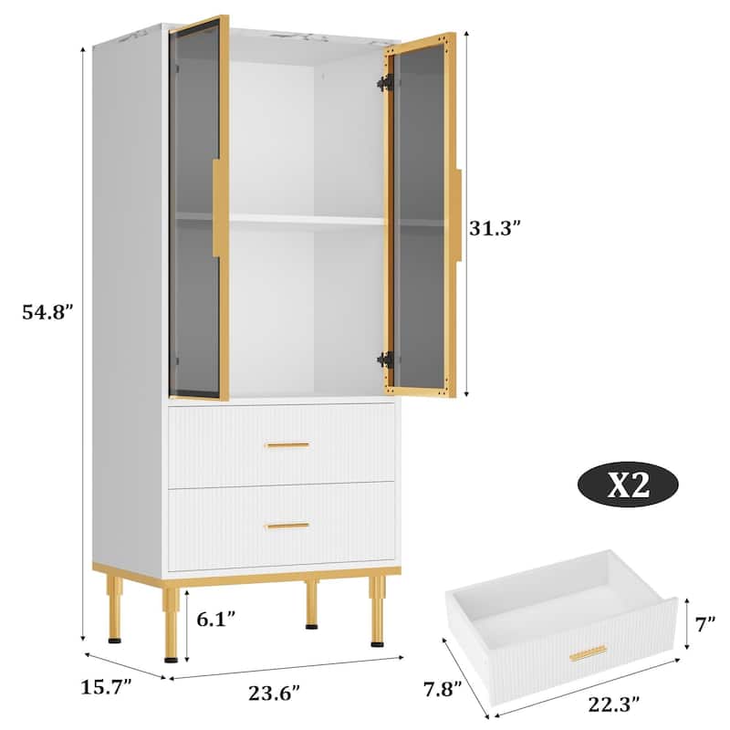 Pantry Cabinet, Freestanding Kitchen Storage Cabinet with Glass Door and 2 Drawers, Modern Kitchen Cupboard with 2
