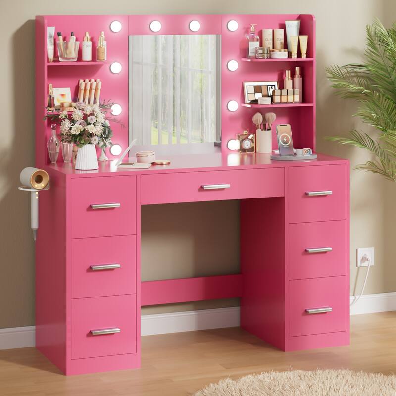 Furniwell Makeup Vanity with Mirror and Drawers Vanity Desk Set with 3 Modes Adjustable Brightness Lights and USB Power Outlet