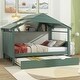 preview thumbnail 62 of 89, Twin Size House Bed Wood Slats Platform Bed Creativity Kids Bed Frame with Skylight, Storage Shelf, Trundle Bed