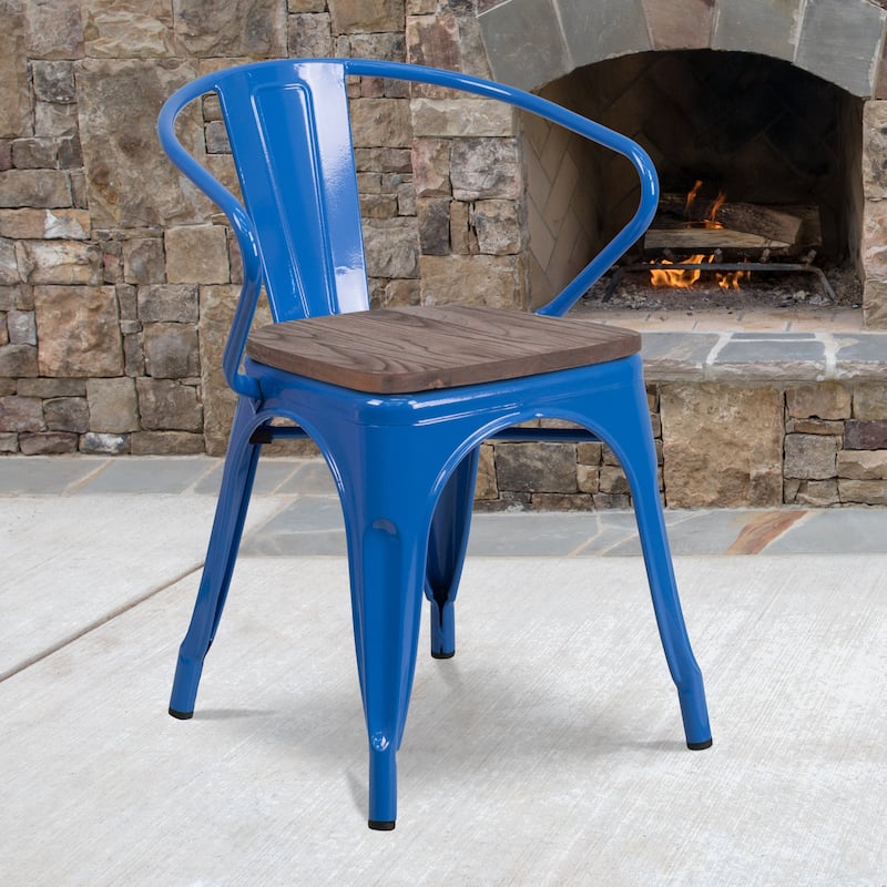 Metal Chair with Wood Seat and Arms - Blue