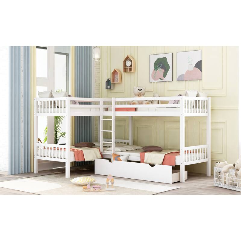 Gray Twin L-Shaped Bunk Bed with Drawers, Space-Saving Design for Kids & Guests