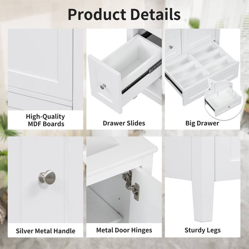24" Bathroom Vanity with Sink, Adjustable Shelf, Storage Drawers with Removable Dividers, MDF and Rubberwood Base