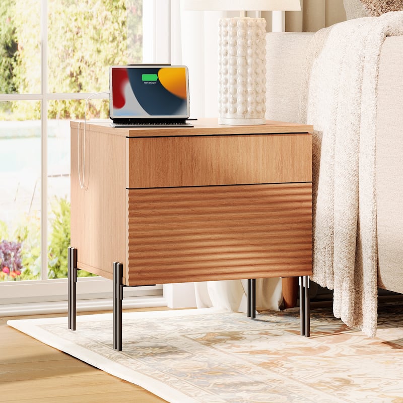 WAMPAT Fluted Nightstand with Charging Station,Modern Side Table with 2 Drawers