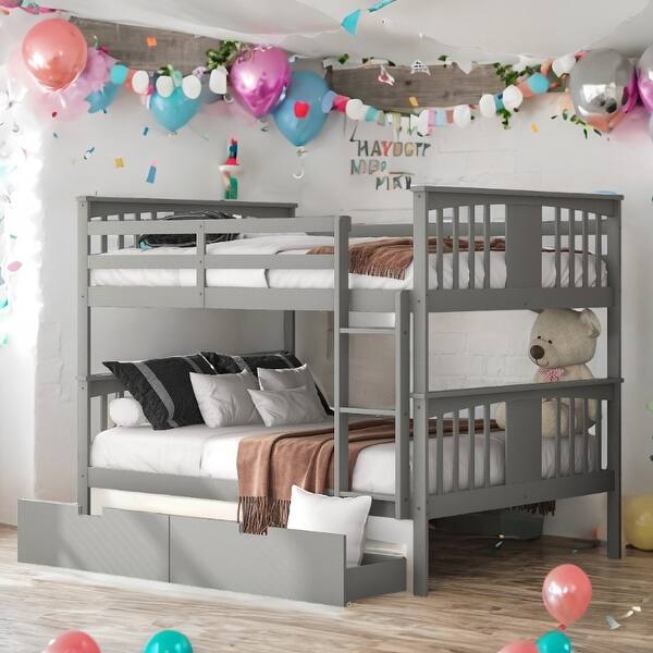 slide 2 of 34, Full over Full Bunk Bed with 2 Drawers and Ladder for Bedroom Gray