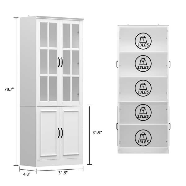 dimension image slide 3 of 9, White Buffet Sideboard & Curio Bookcase Cabinet with Glass Doors