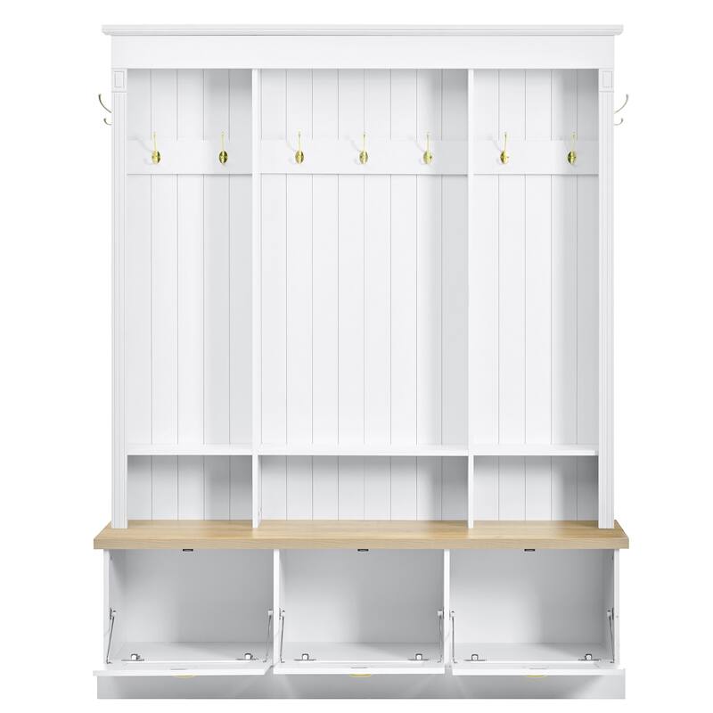 Elegant APP Controlled LED Light Hall Tree with 9 Hooks, Natural Storage Bench with 3 Large Cabinets, with Shelves