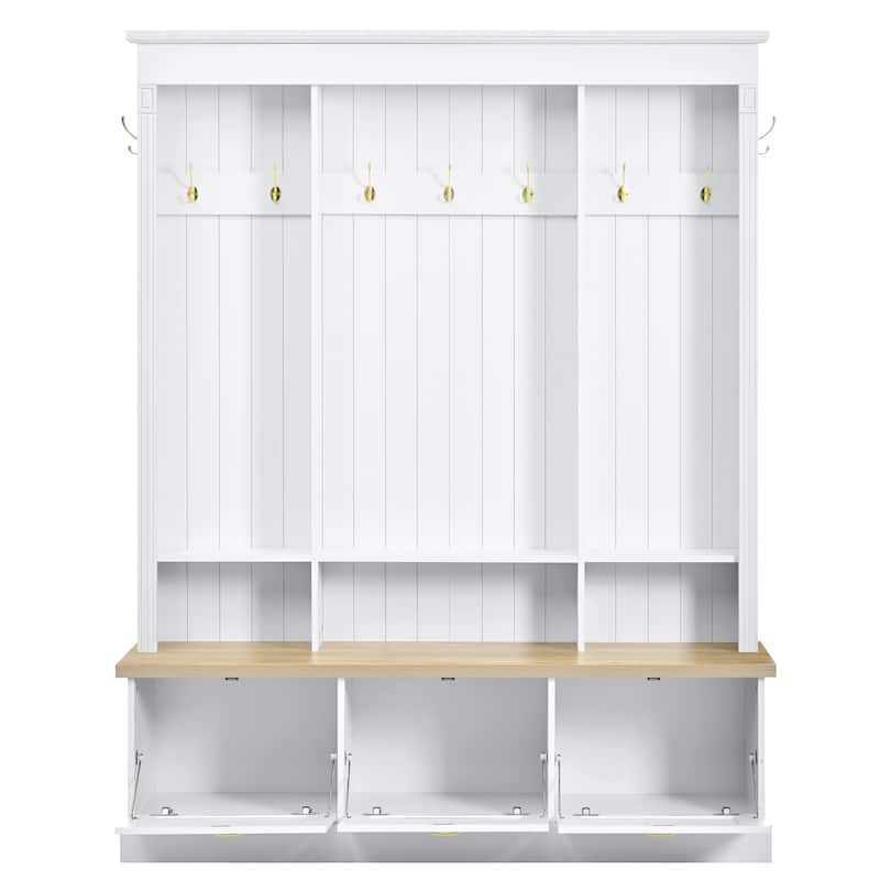 Large LED Hall Tree with 9 Hooks, Roman Column Design Storage Bench with 3 Cabinets, Farmhouse Entryway Organizer with Shelves