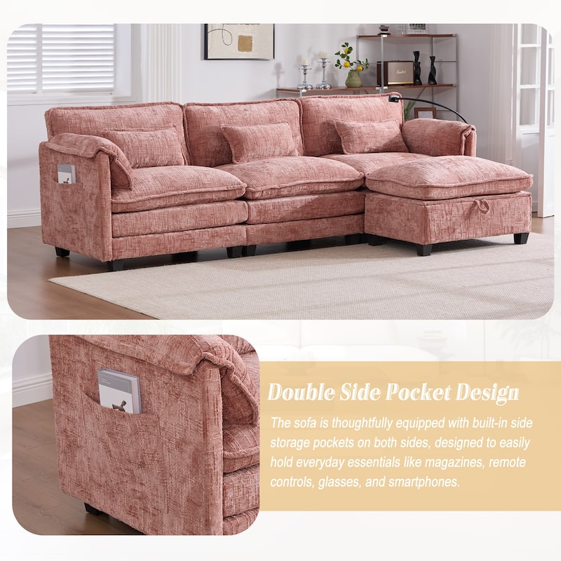 HOMEFUN Chenille Upholstered L-shaped Phone Holder Modular Sectional Sleeper Sofa with Movable Storage Ottoman