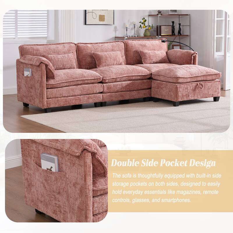 Modern Chenille Chaise Couch L-shaped Sectional Sofa with Storage Ottoman, Phone Holder, USB/Type-C Ports and Side Pockets