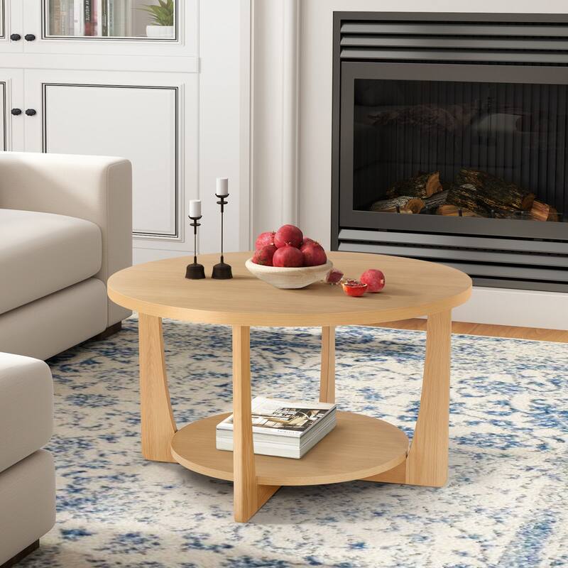31.5" Round Coffee Table with Solid Wood Legs and 2-Tier Storage - 31.5"Dia x 17.72"H