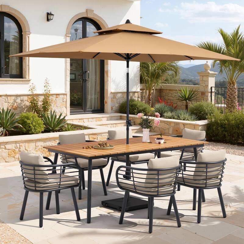 9-Piece Outdoor Patio Dining Set w/10 ft Umbrella and Base Aluminum Dining Table and Chairs with Sunbrella Cushion - Brown Table with Tan Umbrella