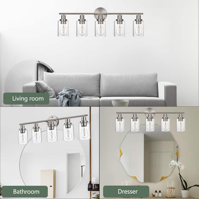 5-Light Bathroom Light Fixtures, Brushed Nickel Modern Vanity Lights Over Mirror with Clear Glass Shade, Bathroom Wall Lamp